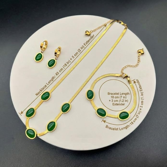 Oval Green Crystal Pendant Necklace Set With Bracelet